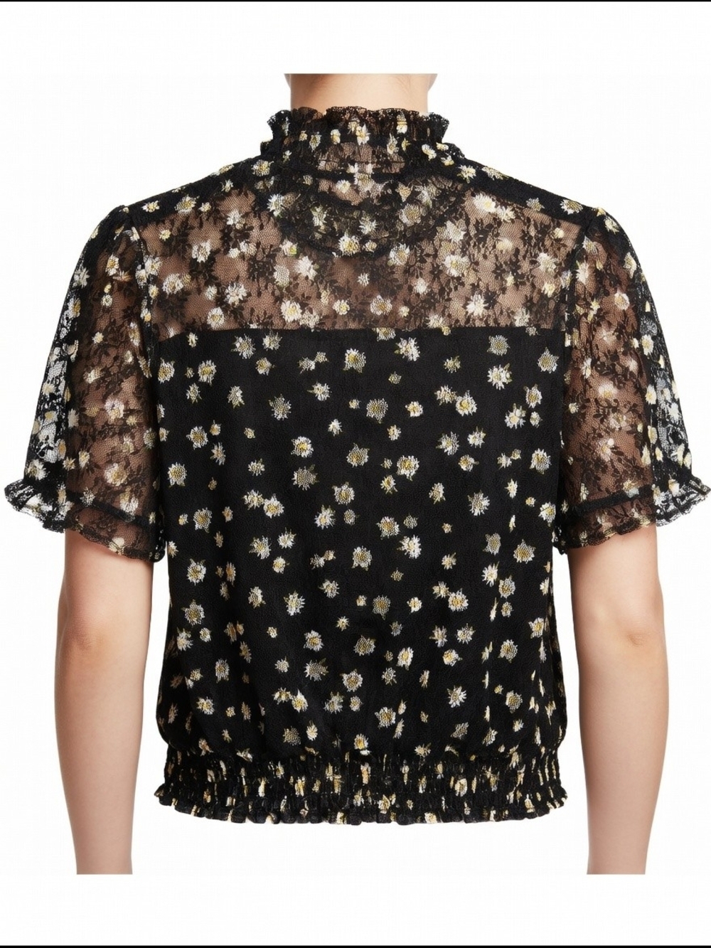 Black Daisy-Print Sheer Ruffle-Trim Blouse Size M - Picture 4 of 8